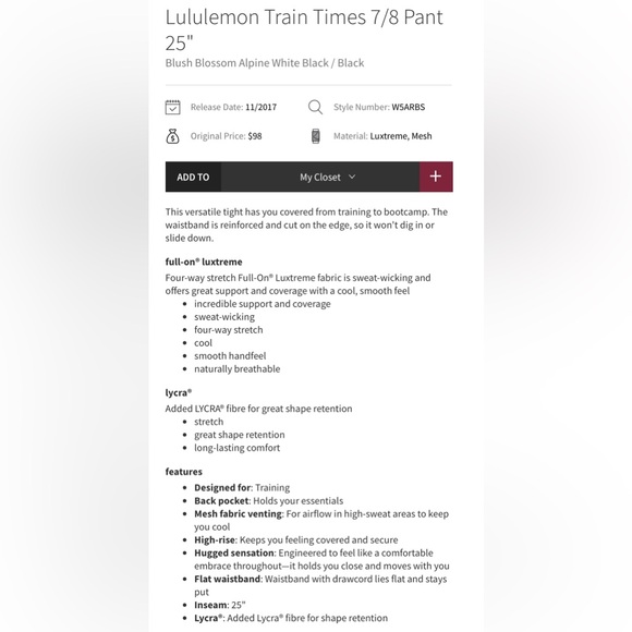 16L6. Lululemon Train Times 7/8 Pant 25" Blush Blossom Alpine White Black - Picture 5 of 9